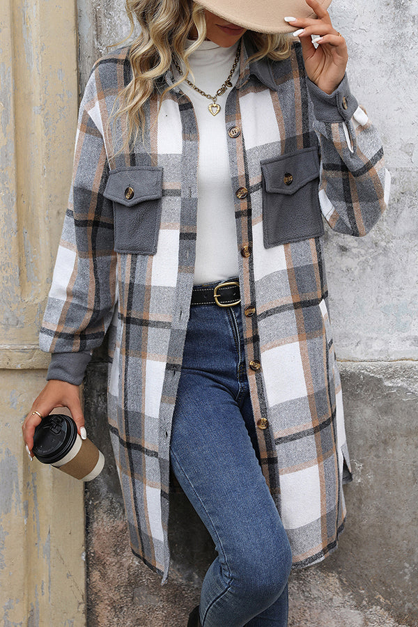 Retro Plaid Casual Long-sleeved Pocket Mid-length Coat