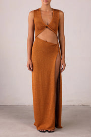 Beautiful Figure Shiny Knit Fabric Cutout Side Slit Stretch Vacation Maxi Dress