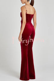 Eliza Luxurious Velvet Fabric Jewel-embellished Shoulder Straps Belted Flare Jumpsuit