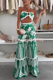 Cassie Ric Rac Trims Unique Print Halter Ring Tank and High Rise Wide Leg Pants Set