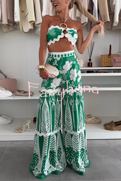 Cassie Ric Rac Trims Unique Print Halter Ring Tank and High Rise Wide Leg Pants Set