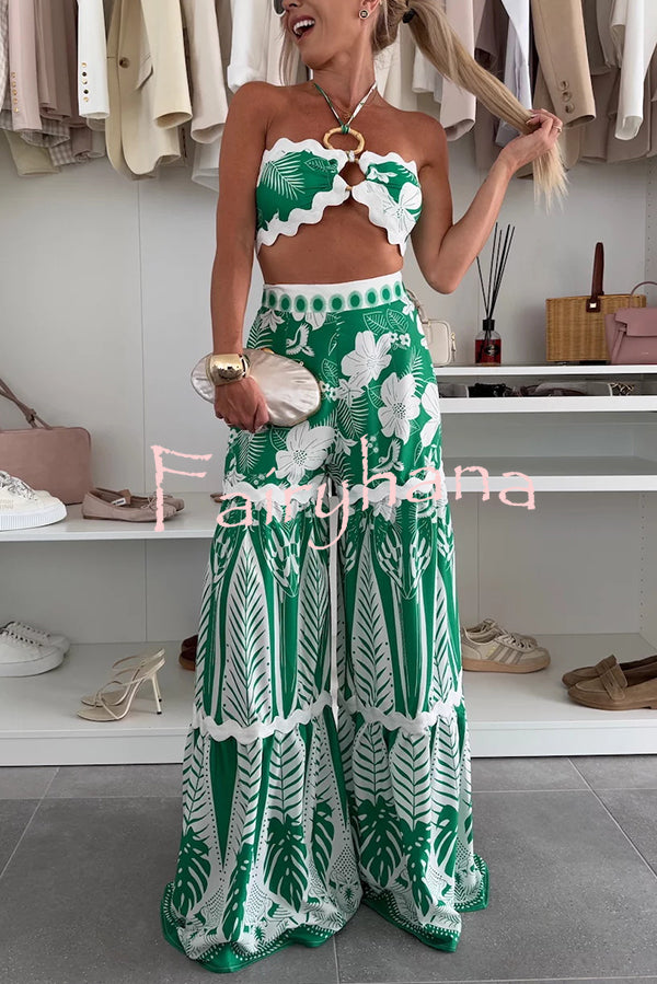 Cassie Ric Rac Trims Unique Print Halter Ring Tank and High Rise Wide Leg Pants Set