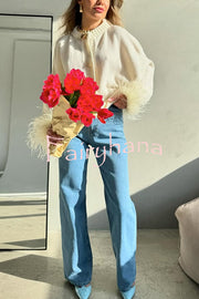 Solid Color Elegant Feather Long Sleeve Casual Knitted Cardigan