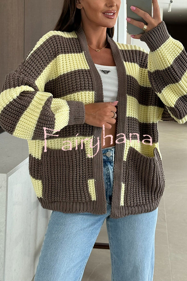 Fashionable Patchwork Striped Casual Pocket Knitted Sweater