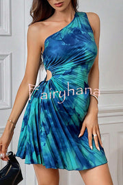 Fashion Tie-Dye One-Shoulder Hollow Pleated Mini Dress