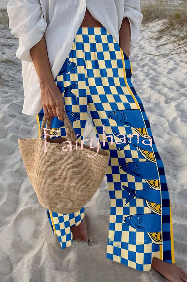 Unique Marine Print Elastic Waist Loose Pocket Pants