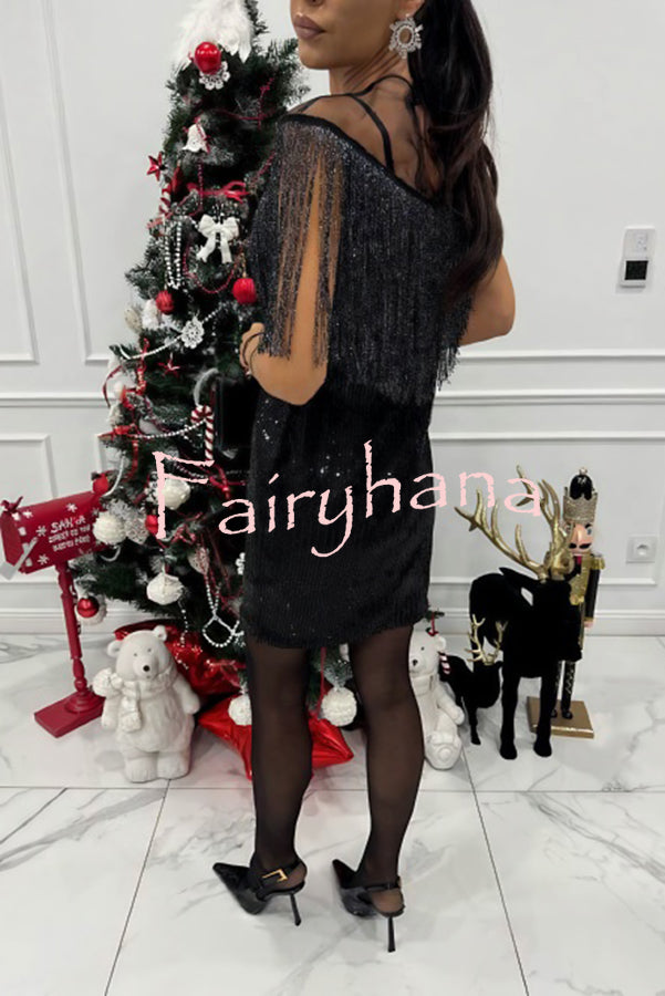 Glistening and Gorgeous Sequin Mesh Tassels Cape Sleeve Mini Dress