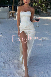 Satin Off-shoulder Elegant Back Tie High Slit Slim Maxi Dress