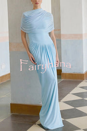 Elegant Mesh Cape-style Pleated Draped Maxi Dress