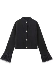 Solid Color Elegant Feather Long Sleeve Casual Knitted Cardigan