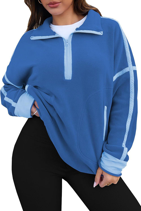 Stylish Color-blocked Trim Loose Casual Pocket Sweatshirt