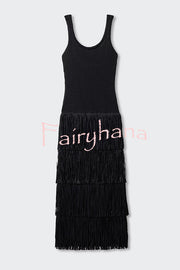 Solid Color Sleeveless Slim Fit Fringed Hem Knitted Midi Dress
