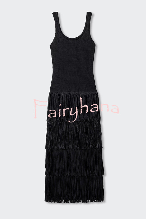 Solid Color Sleeveless Slim Fit Fringed Hem Knitted Midi Dress