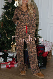 Paige Ribbed Leopard Print Loose Shirt and Elastic Waist Pocketed Pajama Set
