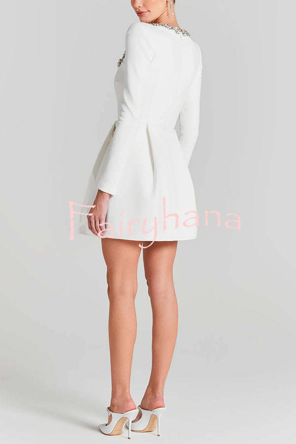 Endless Celebration Velvet Jewel Embellished Trim Long Sleeve Pocketed Mini Dress