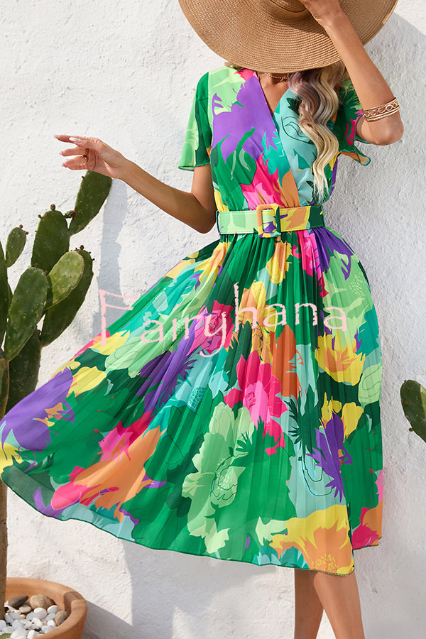 Paulette Contrast Floral Print Belted Pleated Midi Dress