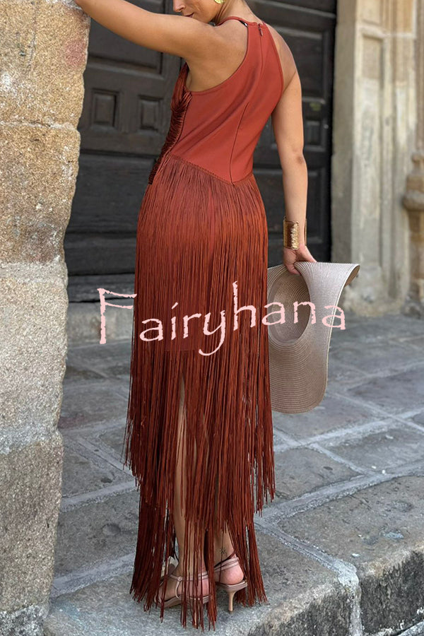Fashion Sleeveless Halter Neck Elegant Tassel Slim Maxi Dress