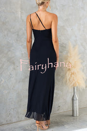Fashion One-shoulder Pleated Sexy High Slit Slim Dress