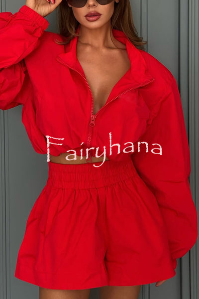 Solid Color Lapel Long-sleeved Loose Zipper Jacket and Elastic Waist Casual Shorts Set
