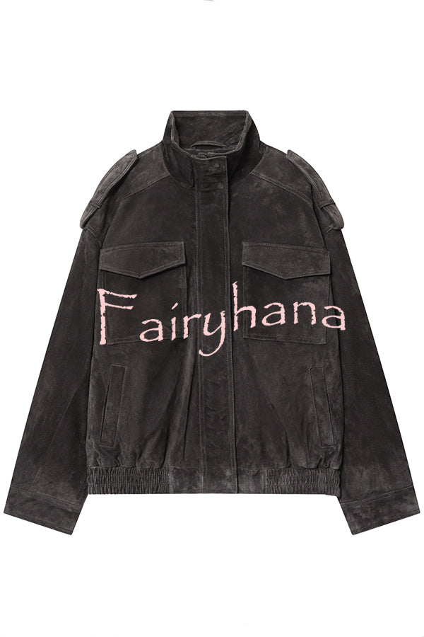 Fashionable Suede Loose Pocket Leather Jacket