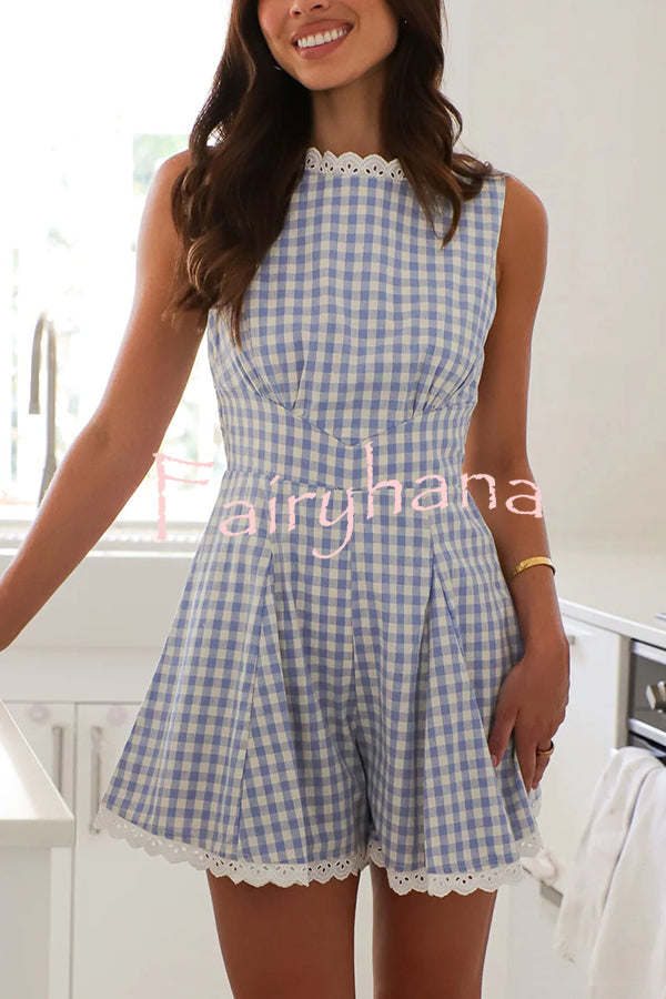 Plaid Print Sleeveless Pleated Waist Casual Rompers