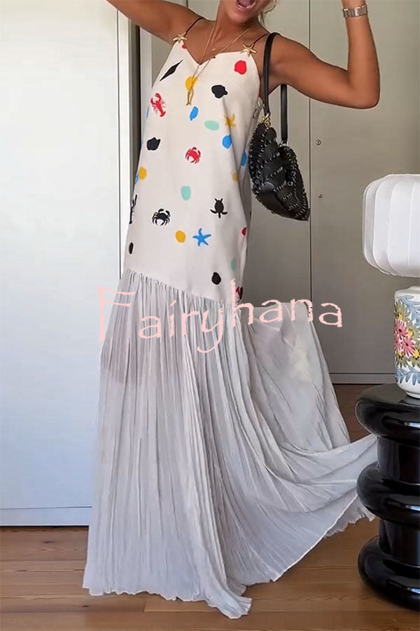 Ocean Dot Unique Print Starfish Metal Strap Pleated Chiffon Hem Maxi Dress