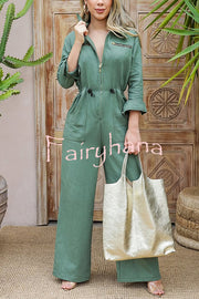 Street Glamour Zipper Stand Collar Drawstring Waist Pocket Loose Jumpsuit