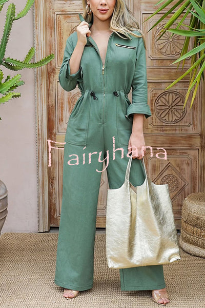 Street Glamour Zipper Stand Collar Drawstring Waist Pocket Loose Jumpsuit