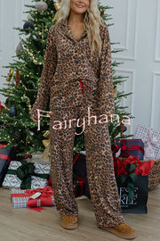 Paige Ribbed Leopard Print Loose Shirt and Elastic Waist Pocketed Pajama Set