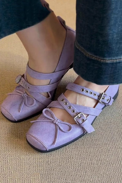 Bow Cross Strap Square Toe Ballet Flats
