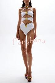 Sun and Sea Hollow Metal Flower Decoration Stretch One-piece Swimsuit