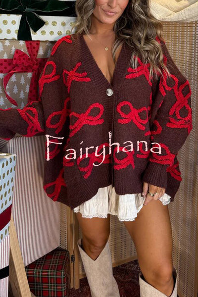 Santa Baby Knit Bow Color Block Button Up Long Sleeve Oversized Fit Cardigan