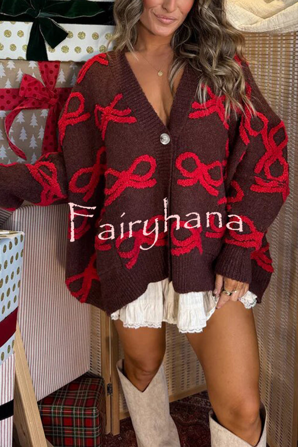 Santa Baby Knit Bow Color Block Button Up Long Sleeve Oversized Fit Cardigan