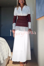 Fashionable Pleated Contrast Patchwork Waist Long Sleeve Button Shirt Maxi Dress