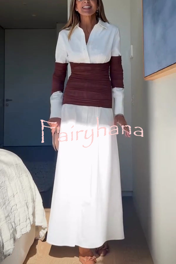 Fashionable Pleated Contrast Patchwork Waist Long Sleeve Button Shirt Maxi Dress