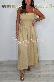 Solid Color Casual Short Jacket and Suspender Pleated Maxi Dress Set