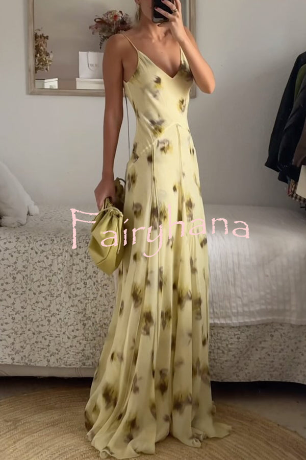Sunset Glow Floral Print V-neck Thin Straps Flare Hem Maxi Dress