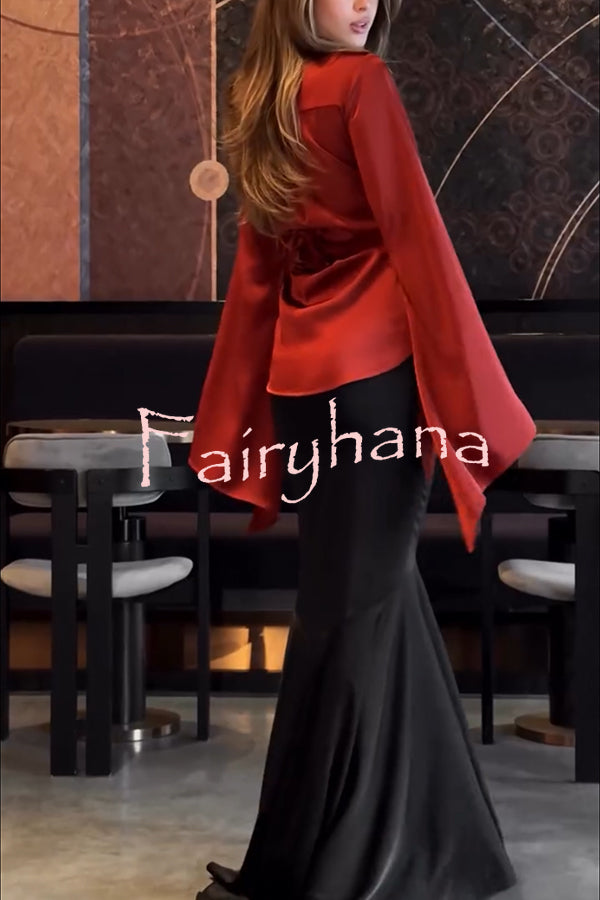 Jenny Satin Button Front Center Cross Straps Long Bell Sleeve Shirt