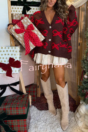 Santa Baby Knit Bow Color Block Button Up Long Sleeve Oversized Fit Cardigan