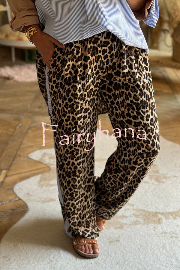 Leopard Print Patchwork Long-sleeved Loose Shirt and Elastic Waist Casual Pocket Wide-leg Pants Set