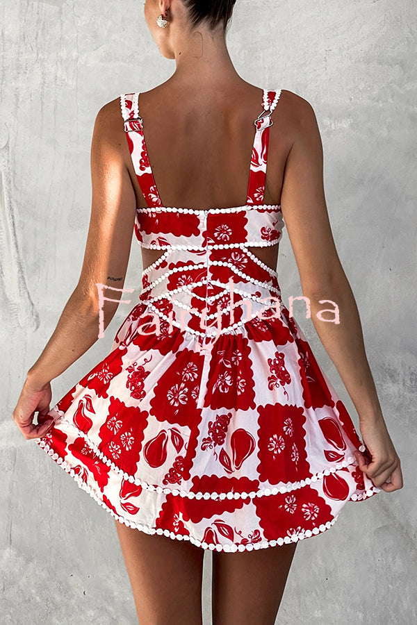 Holiday Colors Ric Rac Trims Unique Print Cutout Round Neck Mini Dress