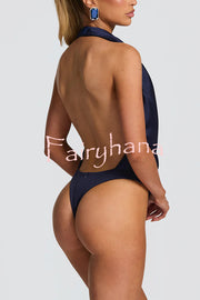 Lara Satin Halter Cowl Neck Bodysuit and Mid-rise Embellished Waistband Layered Hem Skort Set