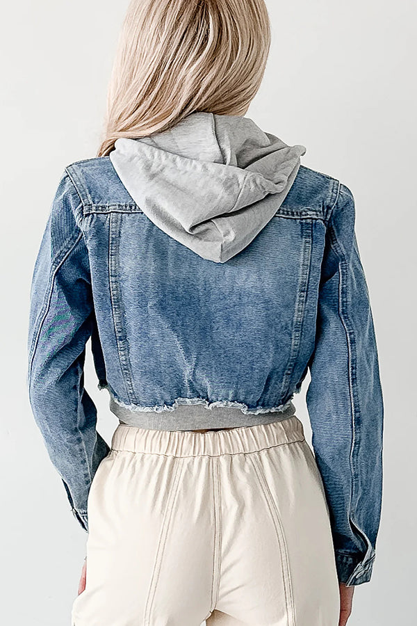 Fashionable Patchwork Hooded Casual Long-sleeved Denim Jacket