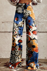 Beautiful Unique Print Button Pocket Wide Leg Pants