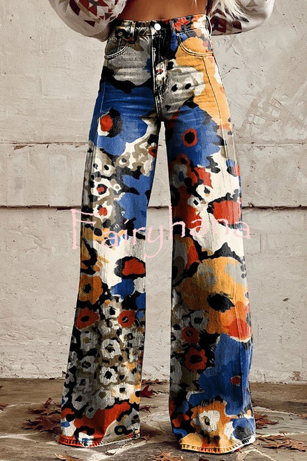 Beautiful Unique Print Button Pocket Wide Leg Pants