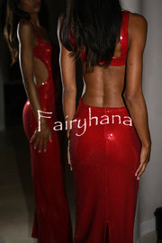 Eye Catching Sequin Cutout Waist Wide Strap Bacakless Maxi Dress