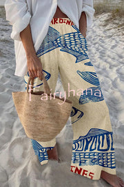Unique Marine Print Elastic Waist Loose Pocket Pants