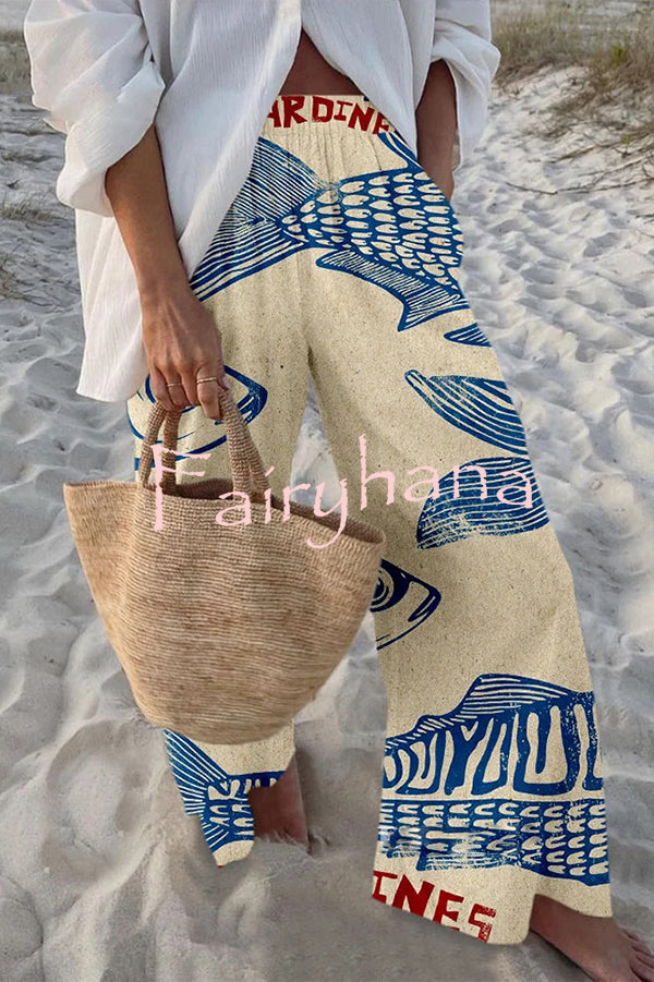 Unique Marine Print Elastic Waist Loose Pocket Pants