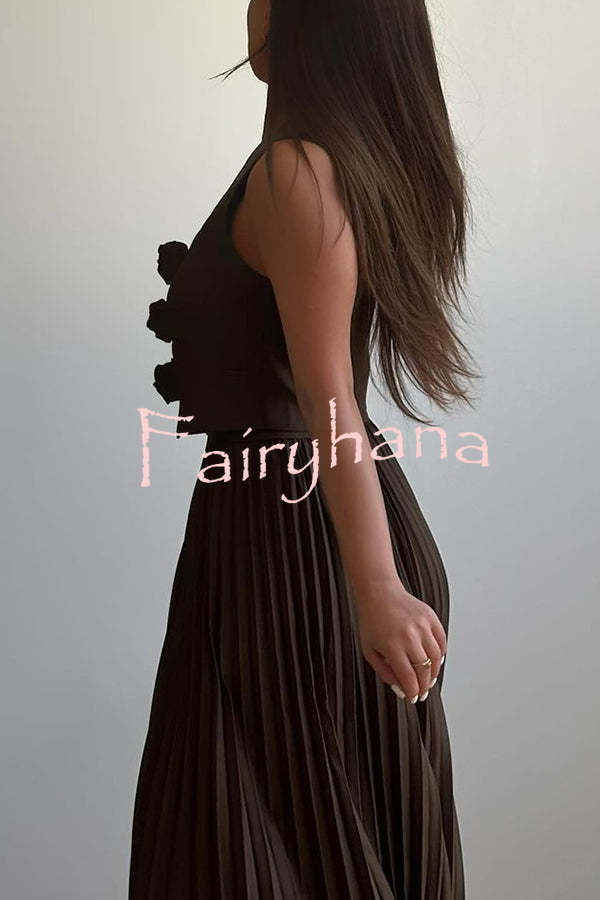 Stylish Rosette Sleeveless Tank Top and Pleated Maxi Skirt Set