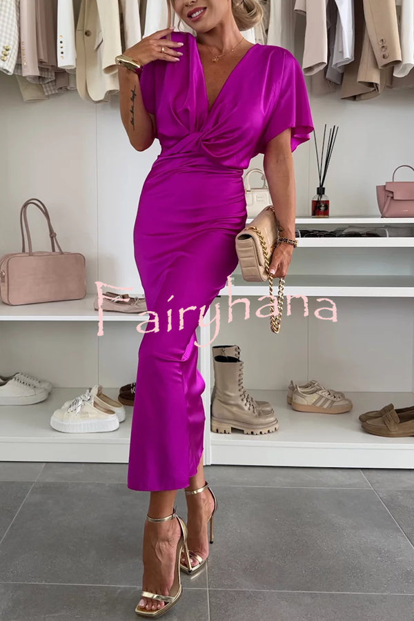 Satin Solid Color V-neck Cross Knot Slim Maxi Dress